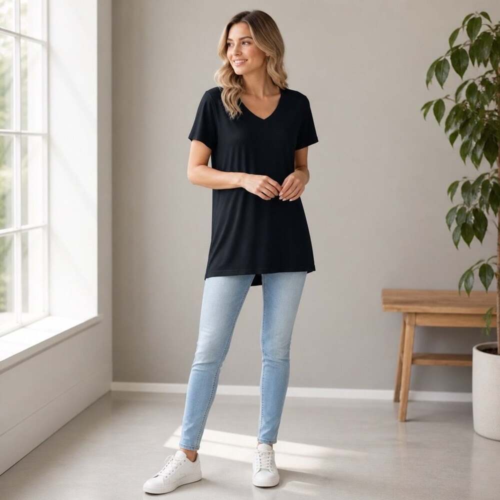 Eileen Fisher Petite Black Organic Cotton V-Neck Short Sleeve Casual Tee Top PM